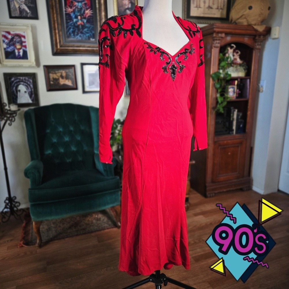 Vintage 90s Red Beaded Open Back Maxi Dress‎ Prom Evening Maxi Gown Small